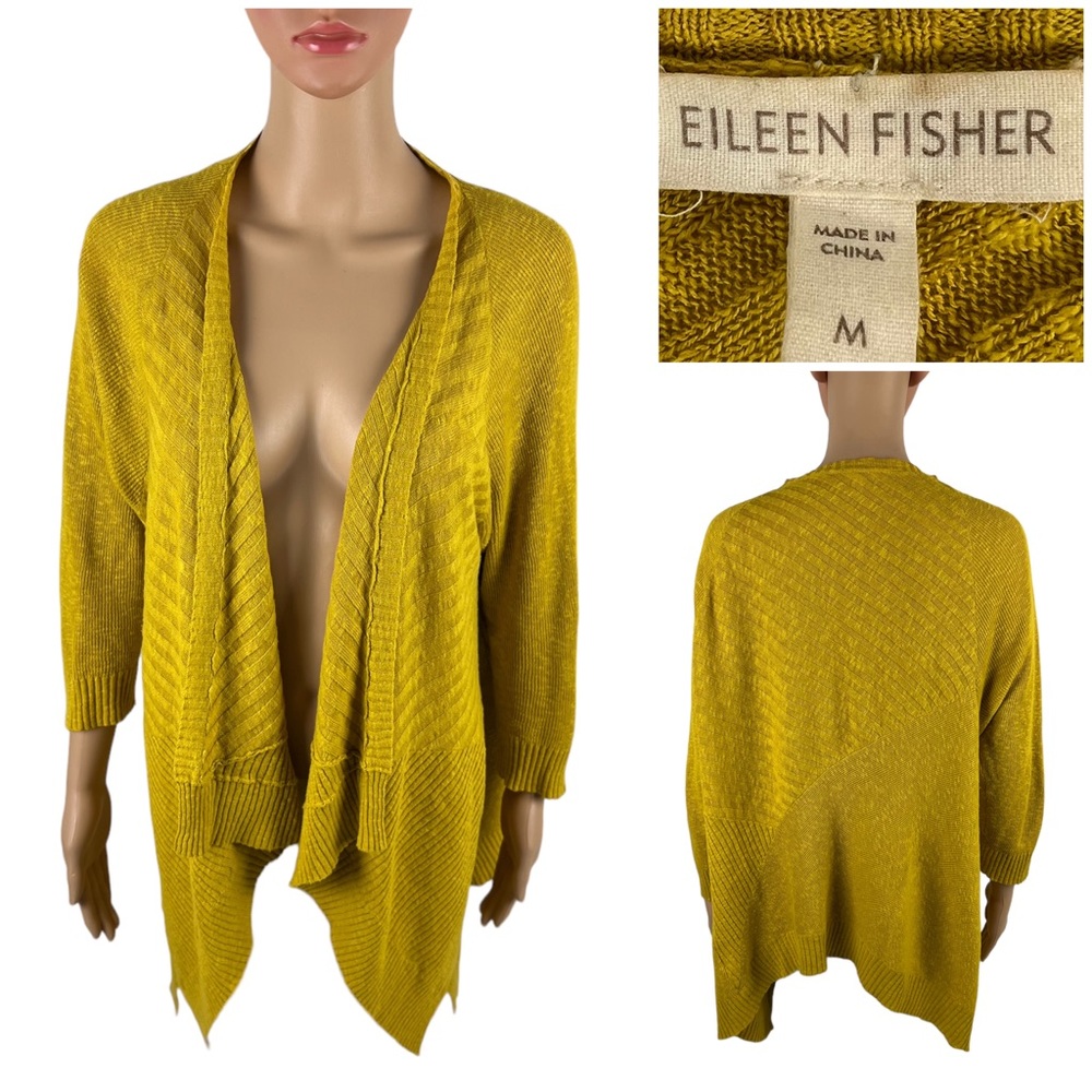 Eileen Fisher Womens Medium Cardigan Yellown Linen Cotton Blend Open Front EUC
